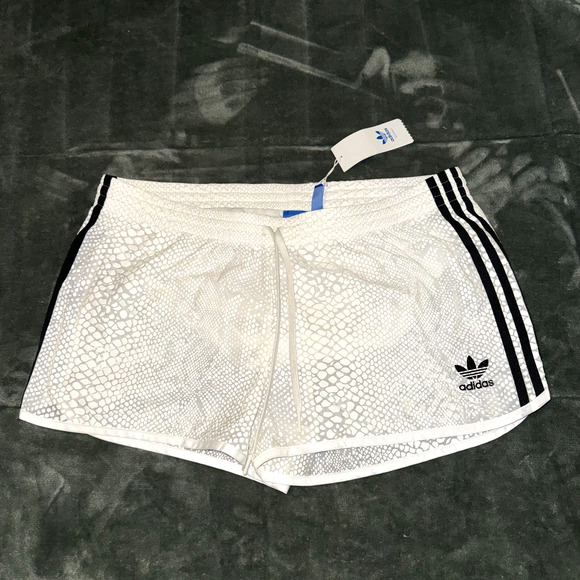 Adidas Athletic Shorts Women XL White Snakeskin 3-Stripe Trefoil Logo Drawstring - Picture 1 of 7